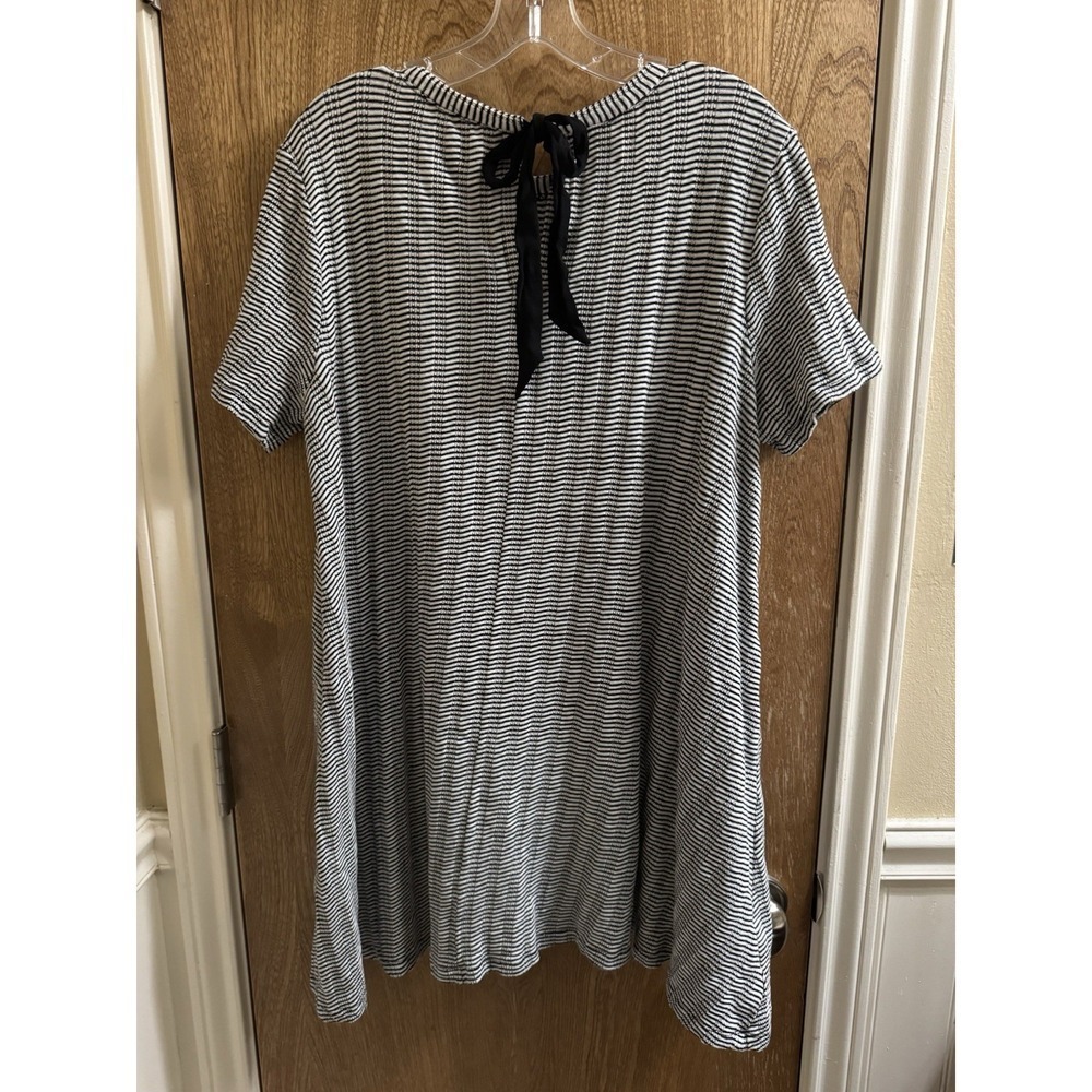 Loft Flare Dress Black & White Cotton Knit Stripes Tied Ribbon Back Stretch Sz L